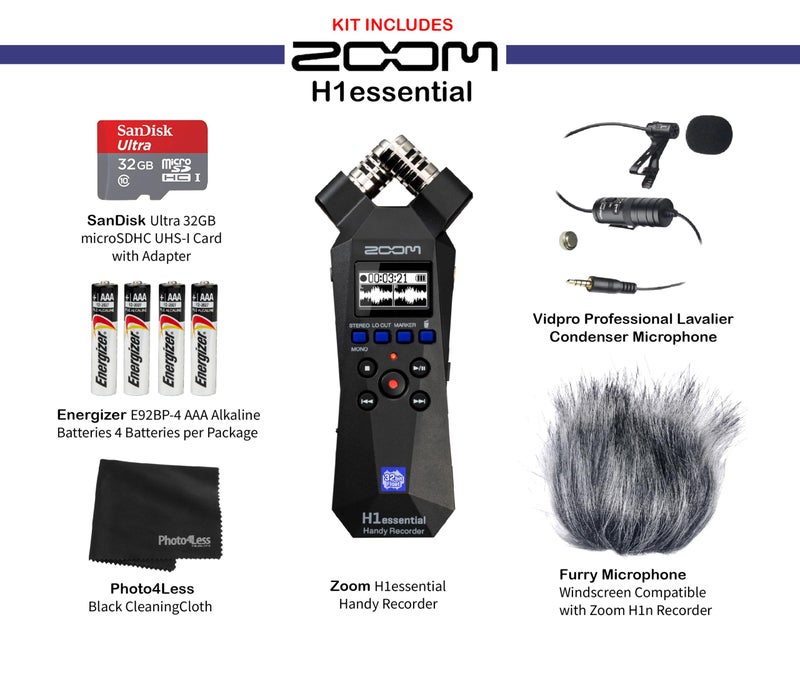 Zoom H1essential Handy Recorder Bundle with Professional Lavalier Condenser Microphone, 32GB microSDHC Card, Furry Microphone Windscreen, 4 AAA Alkaline Batteries, and More! - Image 2