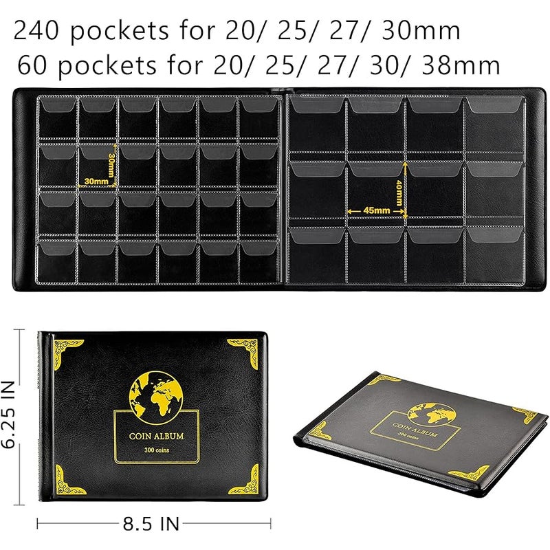 Aptbyte Coin Collection Holder Book Album For Collectors, 300 Pockets Organizer Storage Box Case Supplies 20 25 27 30 38Mm Coins- Black - Image 2