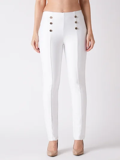 جلو باص Women White Stretchable 3 Button Detail Skinny Fit Workwear Treggings