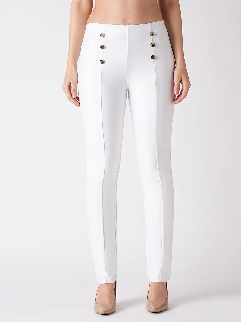 جلو باص Women White Stretchable 3 Button Detail Skinny Fit Workwear Treggings
