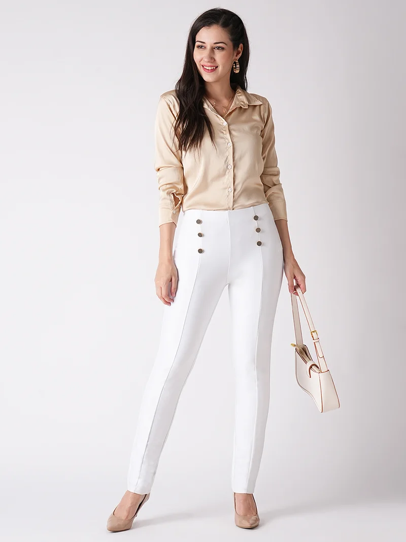 جلو باص Women White Stretchable 3 Button Detail Skinny Fit Workwear Treggings