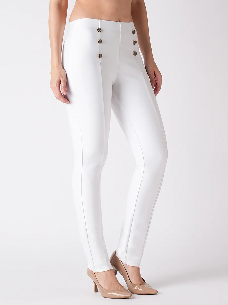 جلو باص Women White Stretchable 3 Button Detail Skinny Fit Workwear Treggings