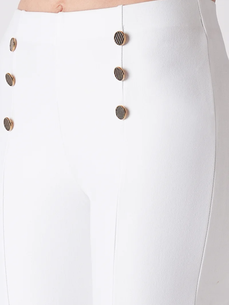 جلو باص Women White Stretchable 3 Button Detail Skinny Fit Workwear Treggings