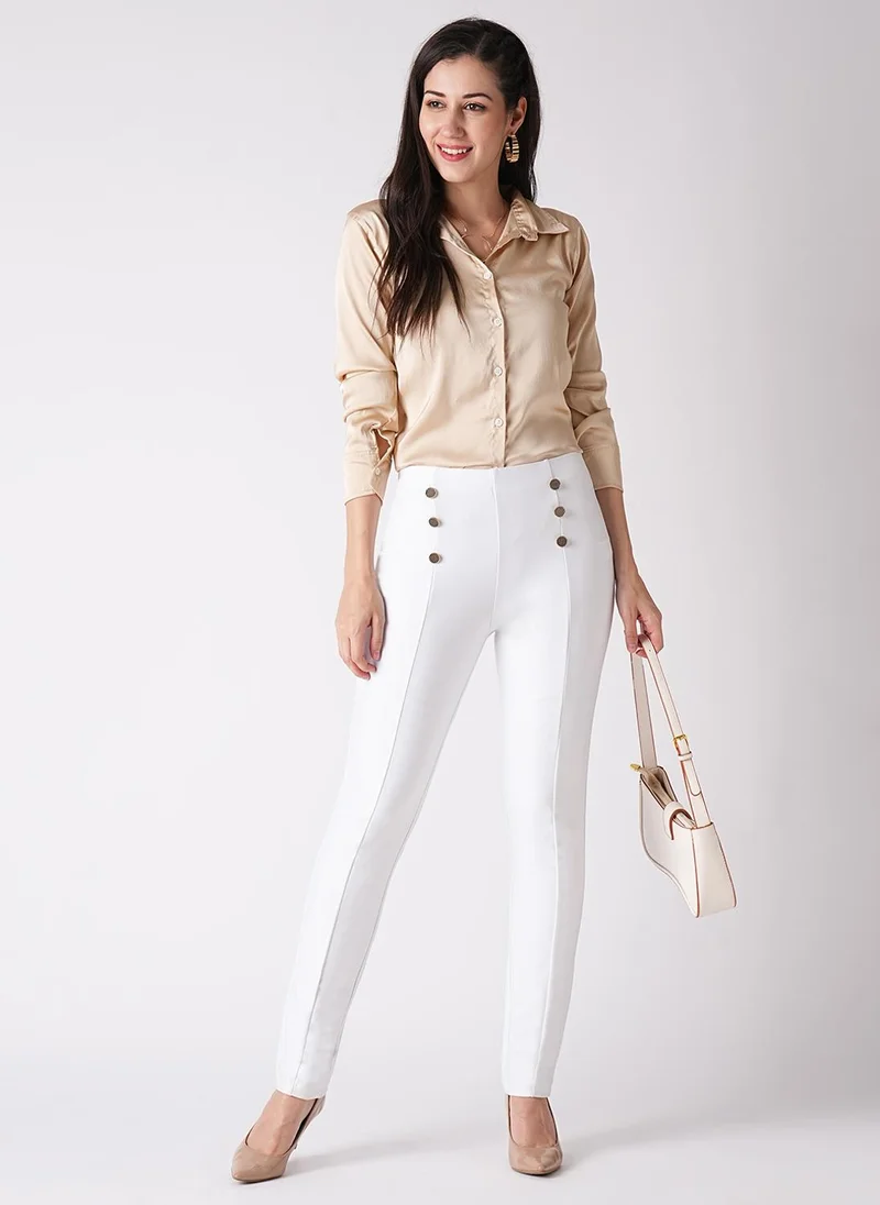 globus Globus Women White Stretchable 3 Button Detail Skinny Fit Workwear Treggings