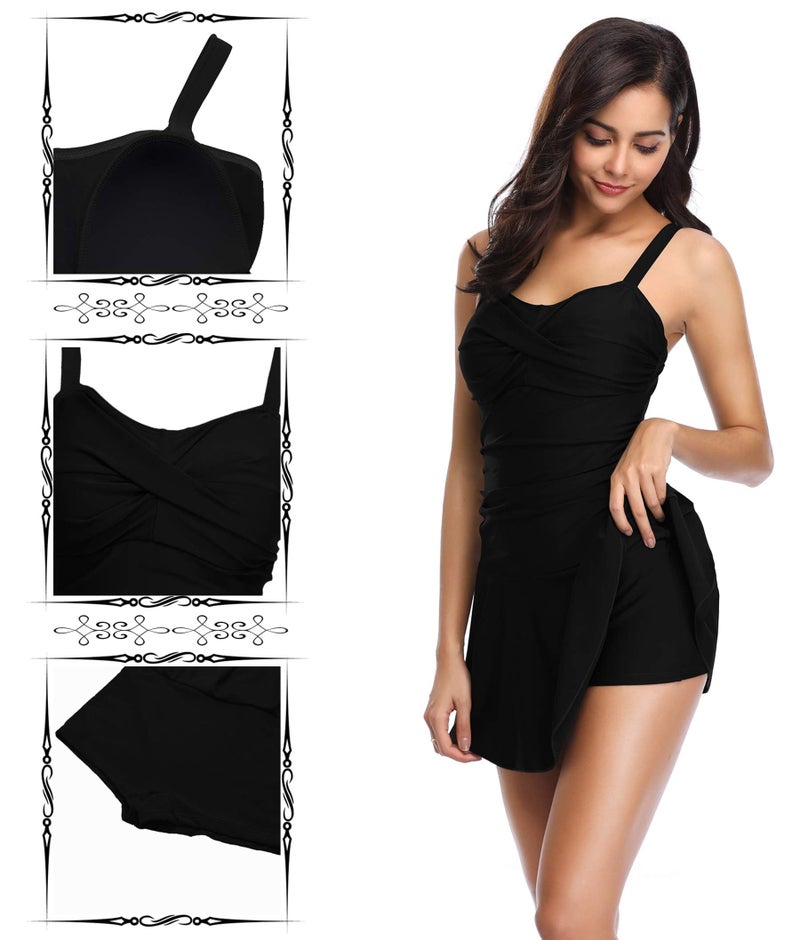 SHEKINI Women's Crossover Ruched Skirt One Piece Swimdress Swimsuit Bathing Suit (Manhattan Black, Medium) - Image 2