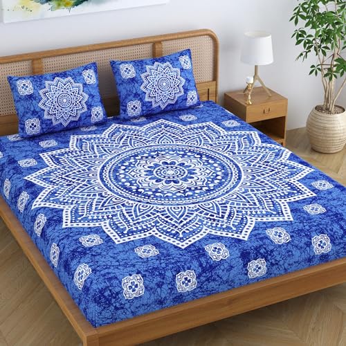 SheetKart Cotton Blend Traditional Mandala Jaipuri Printed Bedsheet for King Size Double Bed with 2 Pillow Covers - Azure Blue - Image 1