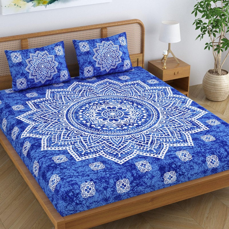 SheetKart Cotton Blend Traditional Mandala Jaipuri Printed Bedsheet for King Size Double Bed with 2 Pillow Covers - Azure Blue - Image 3