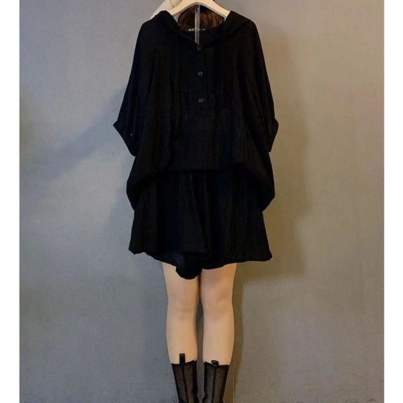 Plus Size 300kg Casual Fashion Hooded Top  Shorts Set for Women Black two-piece