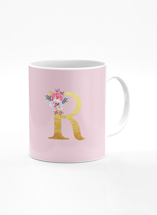 Stylizedd Designer Printed Coffee Mug 11oz Ceramic Personalised Gift Mugs Cup -Custom Monogram Initial Letter Floral Pattern Alphabet - R (Pink) - Image 1