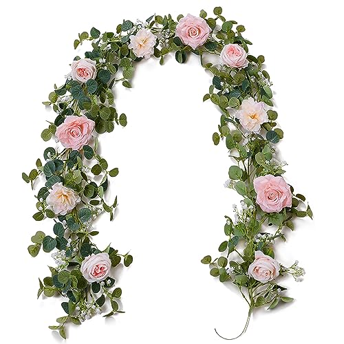 Anna's Whimsy 5.91FT Artificial Eucalyptus Garland with Flowers, Fake Rose Gypsophila Garland, Faux Floral Greenery Garlands for Wedding Spring Party Art Table Runner Decor (Pink, 1) - Image 1