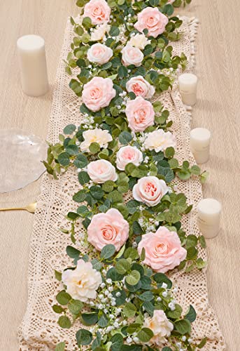 Anna's Whimsy 5.91FT Artificial Eucalyptus Garland with Flowers, Fake Rose Gypsophila Garland, Faux Floral Greenery Garlands for Wedding Spring Party Art Table Runner Decor (Pink, 1) - Image 2