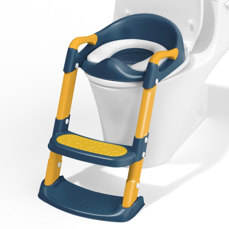 COOSEYA Potty Training Toilet with Step Stool Ladder Toddler Kids Potty Training Seat for Boys Girls Foldable NonSlip Toilet Toddler Seat Splash Guard Soft Cushion Safety Handles Blue Yellow - Image 2
