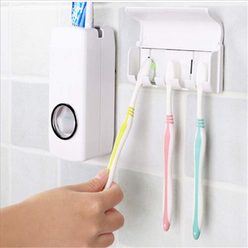 Dhruheer Automatic Plastic Toothpaste Dispenser Organizer Stand Storage Holder with 5 Toothbrush Holder with Sticky Suction Pad (White) - Image 3