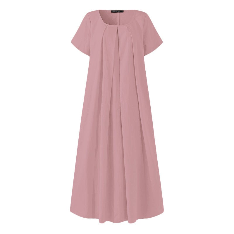 Cross-border 2023 New Summer Casual Elegant Womens U-collar Loose Flesh Covering Slim Large Pendulum dress Trendy Pink  - Image 1