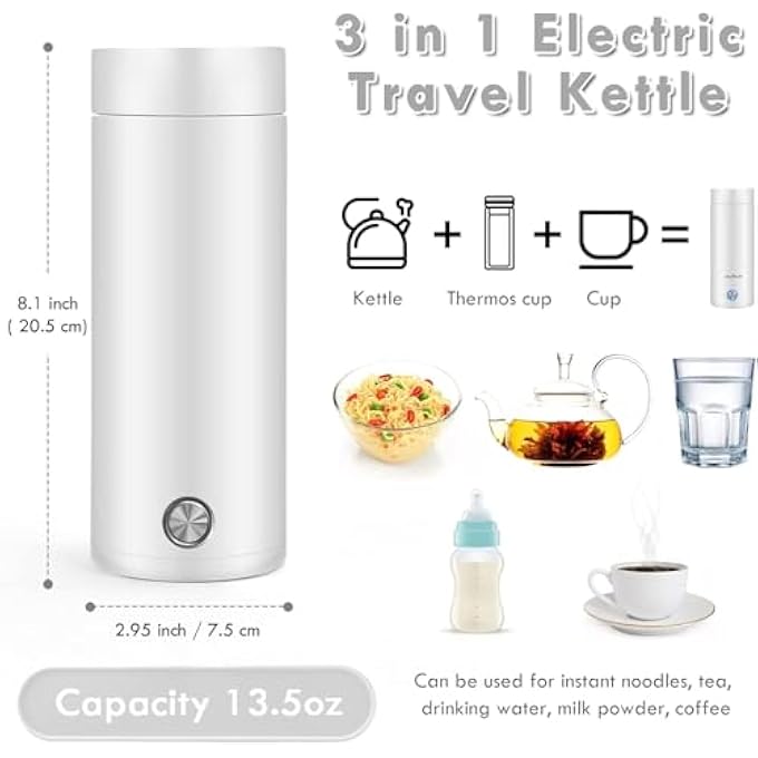 أكس سبرينج غلاية كهربائية محمولة 400 مل غلاية ماء بيضاء للسفر مع طلاء غير لاصق وجدار مزدوج معزول لكوب قهوة سريع الغليان وحماية من الإيقاف التلقائي - Image 4