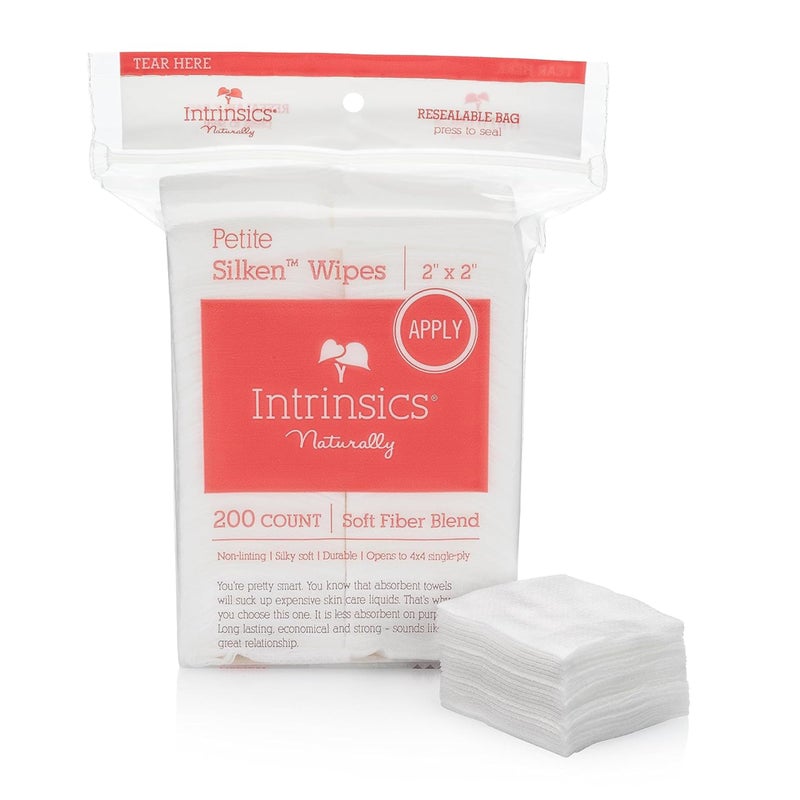Intrinsics Petite Silken Wipes (200 Count) â€“ 2x2" 4-Ply Low-Absorbency Silk Cotton Pads, Lint-Free Hypoallergenic Gauze, Esthetician Supplies for Makeup & Skincare Application, Nails, and Spa Use - Image 1