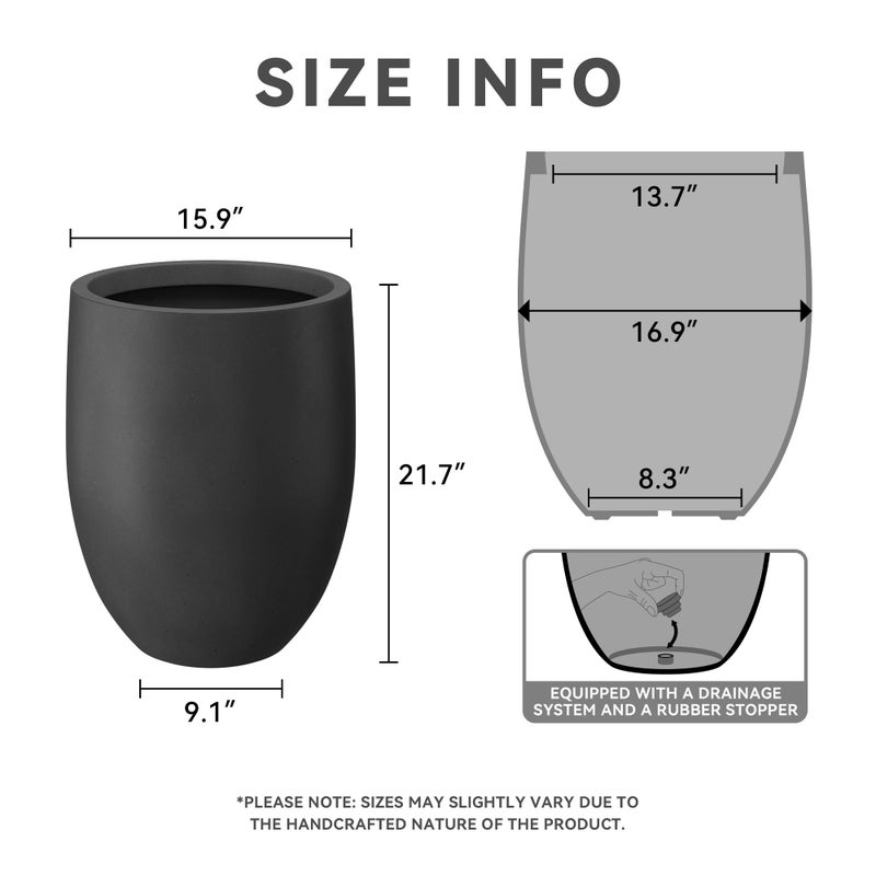 Kante 21.7" H Burnished Black Tall Planter, Large Outdoor Indoor Decorative Pot with Drainage Hole and Rubber Plug, Modern Round Taper Style for Home and Patio - Image 2
