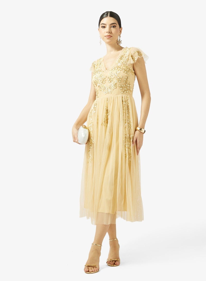 مايا فستان ماكسي تول مزين بكشكشة - Image 1