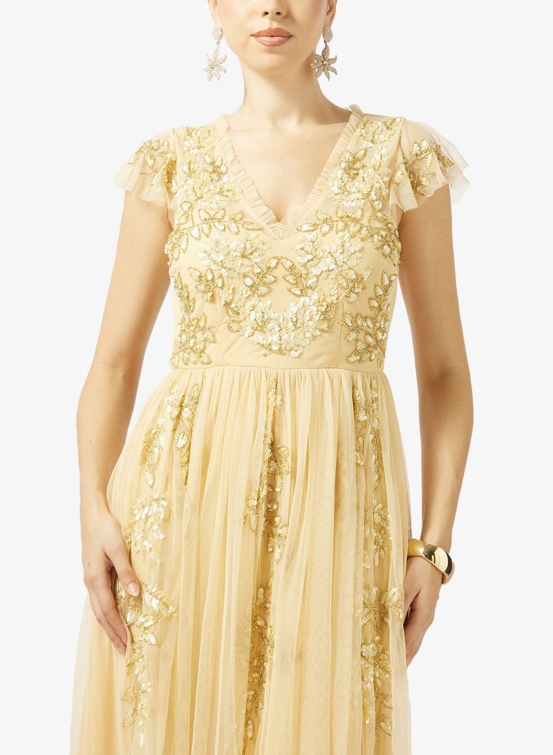 مايا فستان ماكسي تول مزين بكشكشة - Image 3