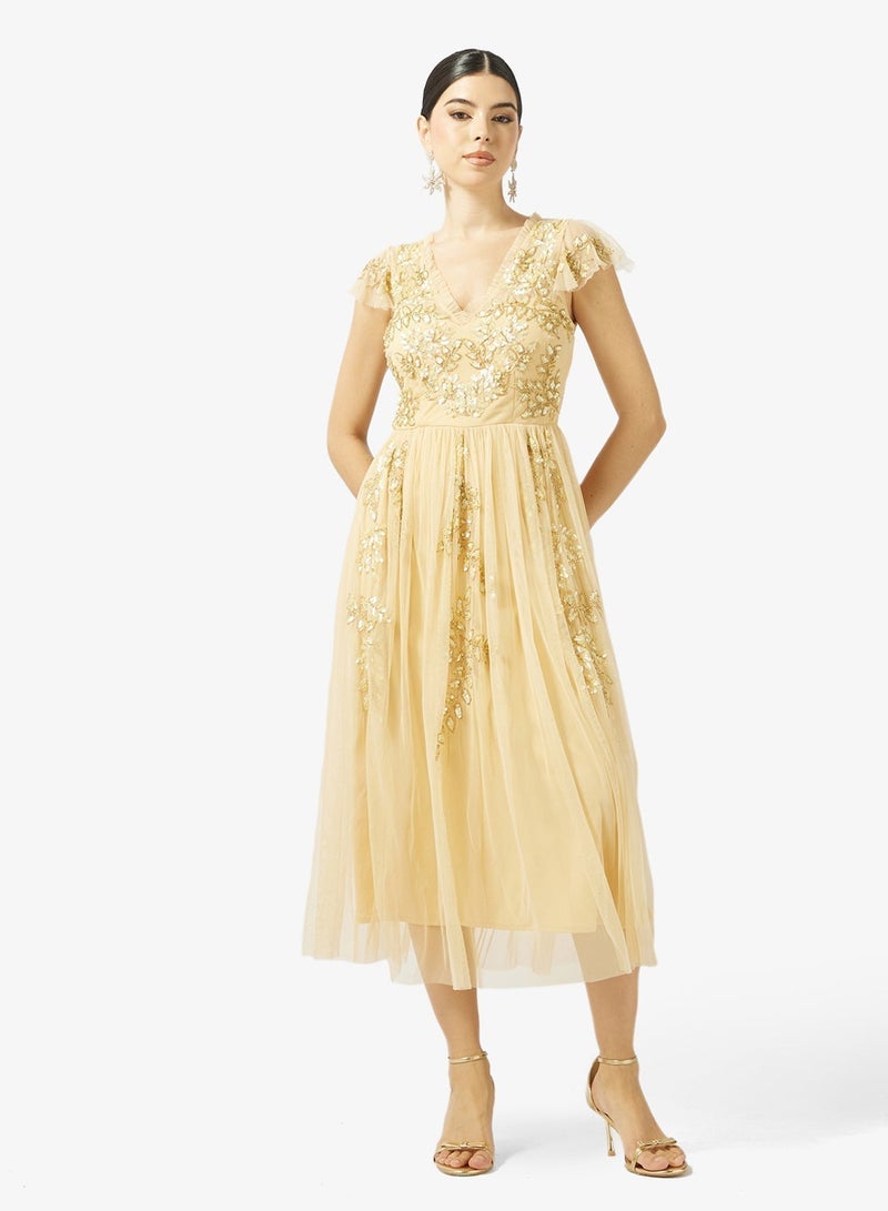 مايا فستان ماكسي تول مزين بكشكشة - Image 4