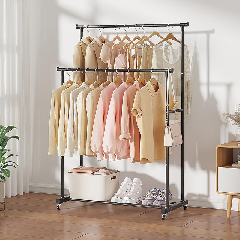 Calmootey Double Rods Clothes Garment Rack, Rolling Clothing Rack for Hanging Clothes, Coat Storage, Organizer for Bedroom, Livingroom, Apartments, Black - Image 4