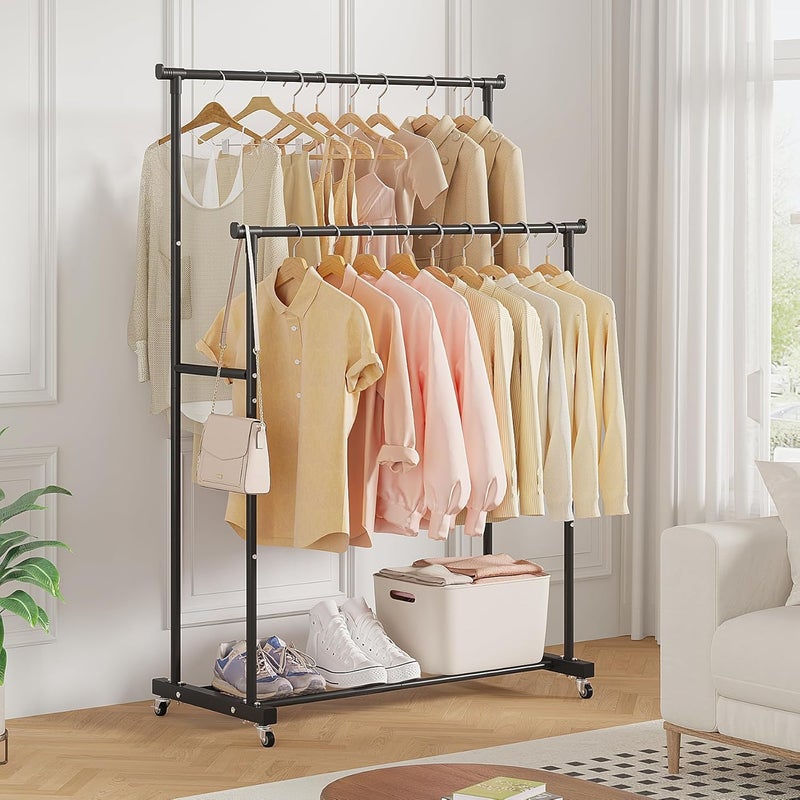Calmootey Double Rods Clothes Garment Rack, Rolling Clothing Rack for Hanging Clothes, Coat Storage, Organizer for Bedroom, Livingroom, Apartments, Black - Image 3