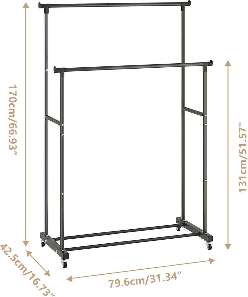 Calmootey Double Rods Clothes Garment Rack, Rolling Clothing Rack for Hanging Clothes, Coat Storage, Organizer for Bedroom, Livingroom, Apartments, Black - Image 2