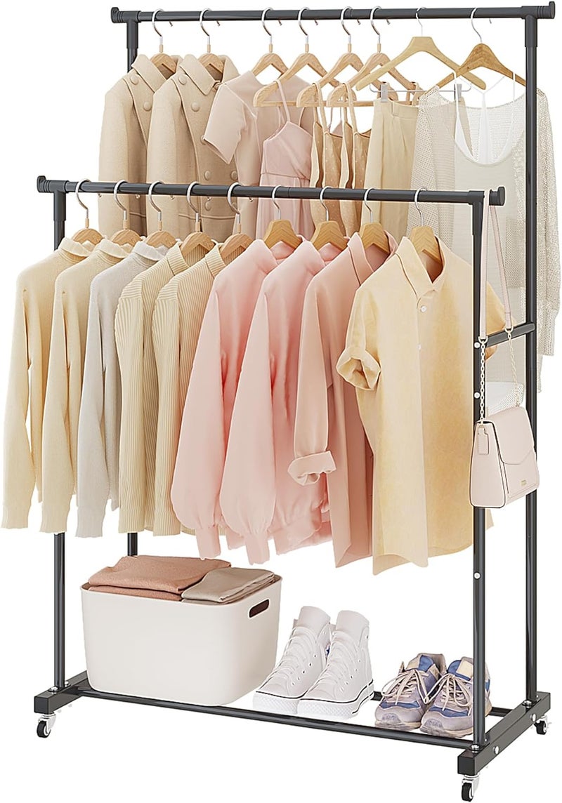Calmootey Double Rods Clothes Garment Rack, Rolling Clothing Rack for Hanging Clothes, Coat Storage, Organizer for Bedroom, Livingroom, Apartments, Black - Image 1