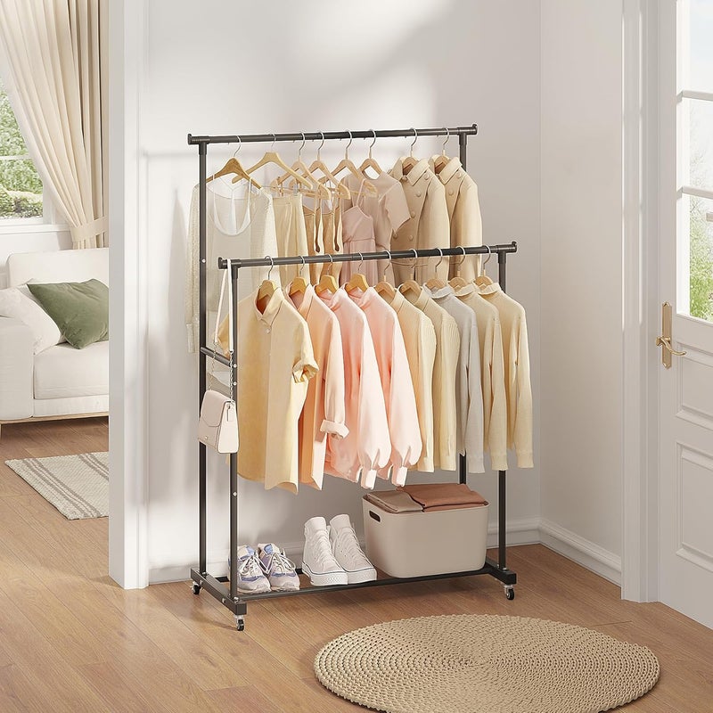 Calmootey Double Rods Clothes Garment Rack, Rolling Clothing Rack for Hanging Clothes, Coat Storage, Organizer for Bedroom, Livingroom, Apartments, Black - Image 5