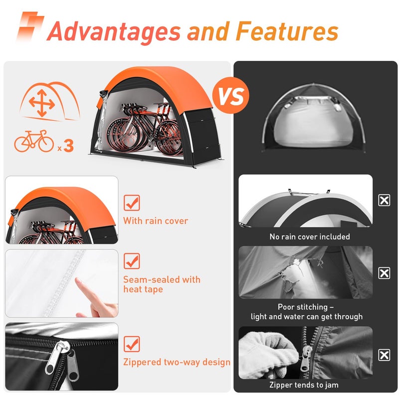 PZT Upgraded Bike Tent with Rain Cover, Portable Outdoor Storage Shed for 2 Bikes, 210D Oxford Fabric PU4000 Waterproof, Bike Shed/Bike Cover for Motorcycles, Garden Tools, Lawn Mower - Image 2