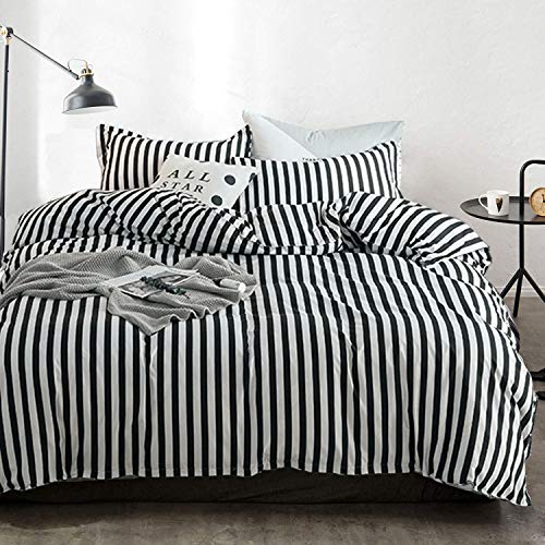 Cottonight Striped Comforter Set Queen White and Black Striped Comforter Full Vertical Modern Cotton Soft Breathable Bedding Comforter Set for Women Men Adults Kids - Image 1