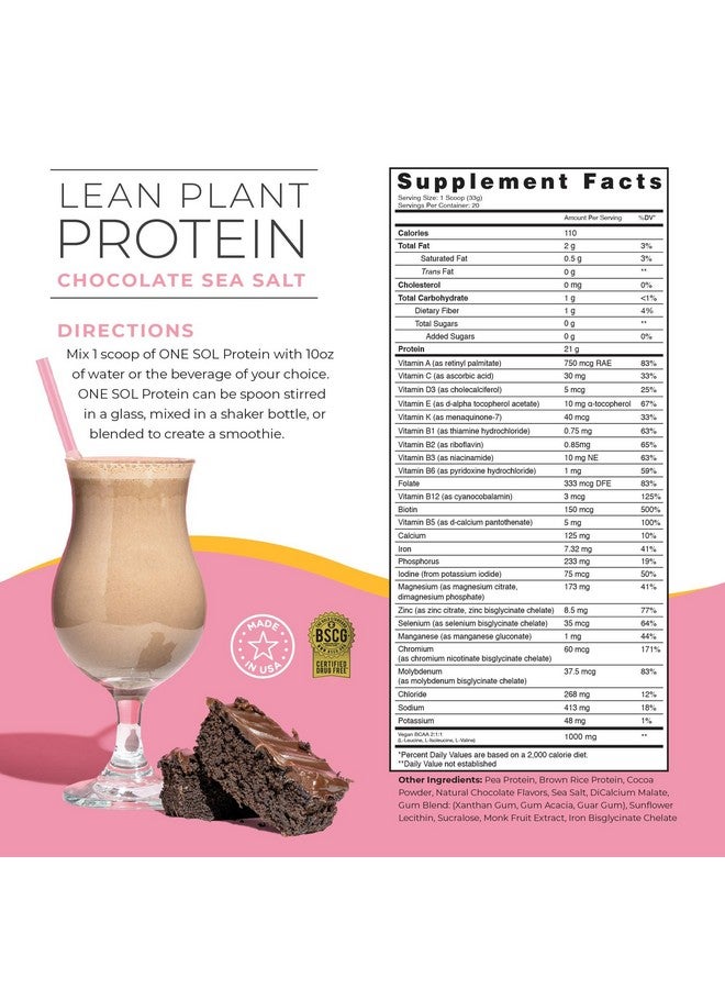 One Sol One Sol Lean Plant Protein Powder Chocolate Sea Salt, Low Carb, Gluten Free, Lactose Free, No Sugar Added, Soy Free, Non-GMO, 100% Plant Based & Vegan Friendly  - Image 3