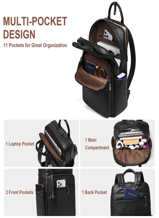 Shrrie Laptop Backpack for Women 15.6 inch Travel Leather Backpack Purse Work Computer Backpacks for Business College, Black, Classic - Image 3