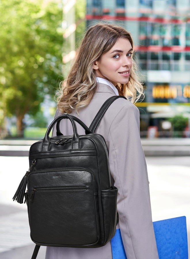 Shrrie Laptop Backpack for Women 15.6 inch Travel Leather Backpack Purse Work Computer Backpacks for Business College, Black, Classic - Image 2