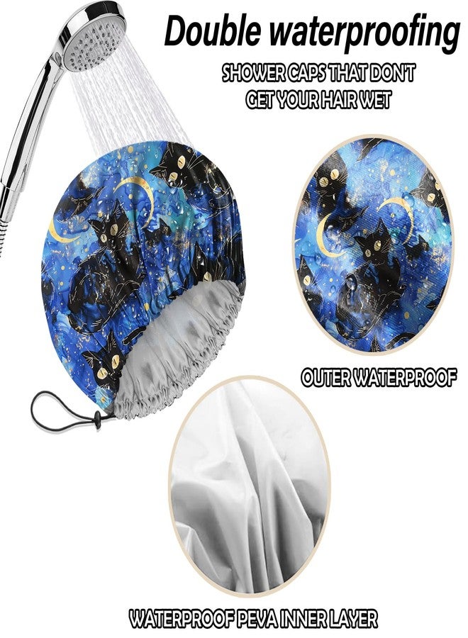 Cabreche 2 PCS Shower Cap Reusable Waterproof Double Layers Hair Caps Shower Bath Adjustable Elastic Hat for Women Girls Cute Aesthetic-Flower Black Cat - Image 5