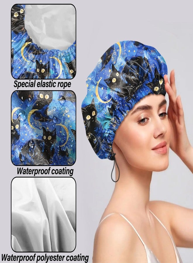 Cabreche 2 PCS Shower Cap Reusable Waterproof Double Layers Hair Caps Shower Bath Adjustable Elastic Hat for Women Girls Cute Aesthetic-Flower Black Cat - Image 3