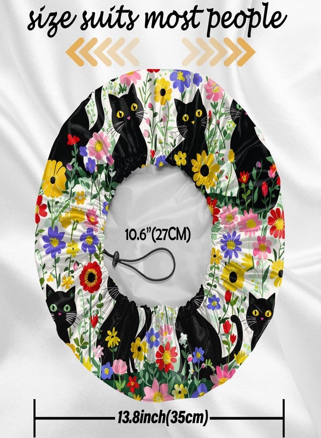 Cabreche 2 PCS Shower Cap Reusable Waterproof Double Layers Hair Caps Shower Bath Adjustable Elastic Hat for Women Girls Cute Aesthetic-Flower Black Cat - Image 2