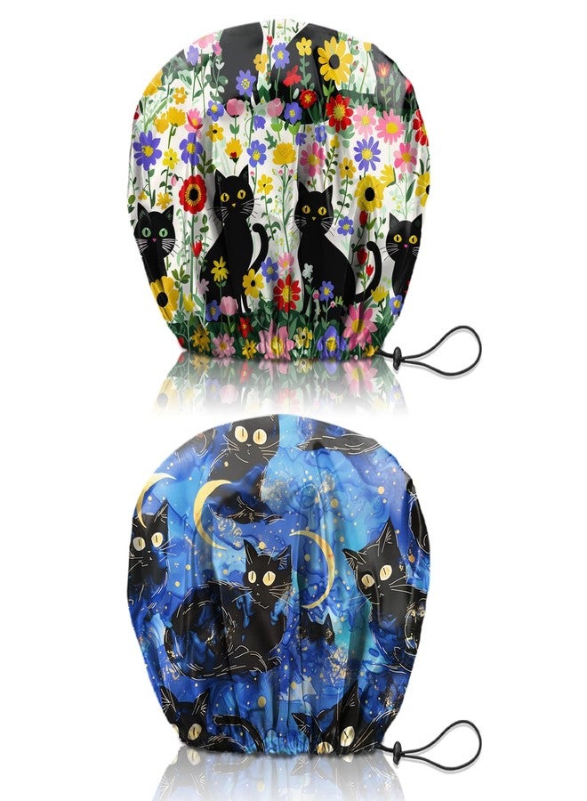 Cabreche 2 PCS Shower Cap Reusable Waterproof Double Layers Hair Caps Shower Bath Adjustable Elastic Hat for Women Girls Cute Aesthetic-Flower Black Cat - Image 1
