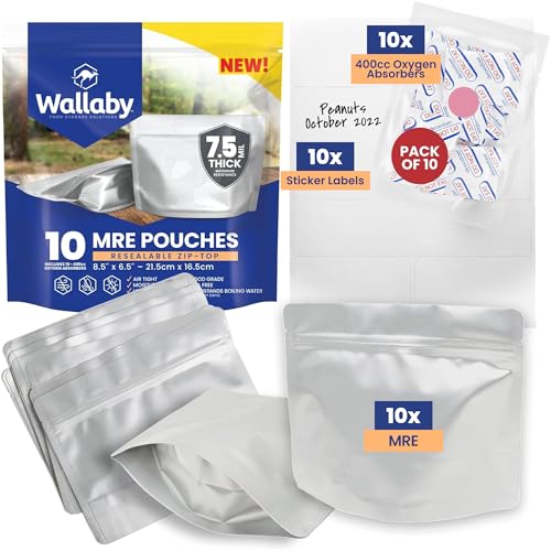 Wallaby 10 Count MRE Mylar Bags with 400cc Oxygen Absorbers, 15 Mil Total Thickness Long-Term Food Storage Pouches, 6.5x8.5 Stand-Up Zipper Heat-Sealable Airtight Packaging - Silver - Image 1