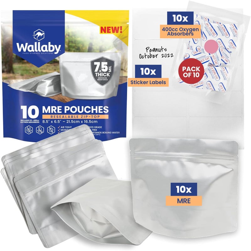 Wallaby 10 Count MRE Mylar Bags with 400cc Oxygen Absorbers, 15 Mil Total Thickness Long-Term Food Storage Pouches, 6.5x8.5 Stand-Up Zipper Heat-Sealable Airtight Packaging - Silver - Image 4