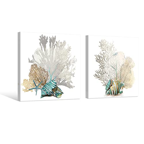 JAPO ART White Coral Wall Art Beach Bathroom Decor Sea Shell Pictures Coastal Wall Decor Sea Fan Nautical Painting Coral Pictures for Livingroom Bedroom Home Walls 16x16 x2pcs - Image 2