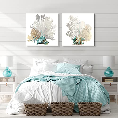 JAPO ART White Coral Wall Art Beach Bathroom Decor Sea Shell Pictures Coastal Wall Decor Sea Fan Nautical Painting Coral Pictures for Livingroom Bedroom Home Walls 16x16 x2pcs - Image 4
