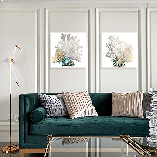 JAPO ART White Coral Wall Art Beach Bathroom Decor Sea Shell Pictures Coastal Wall Decor Sea Fan Nautical Painting Coral Pictures for Livingroom Bedroom Home Walls 16x16 x2pcs - Image 5