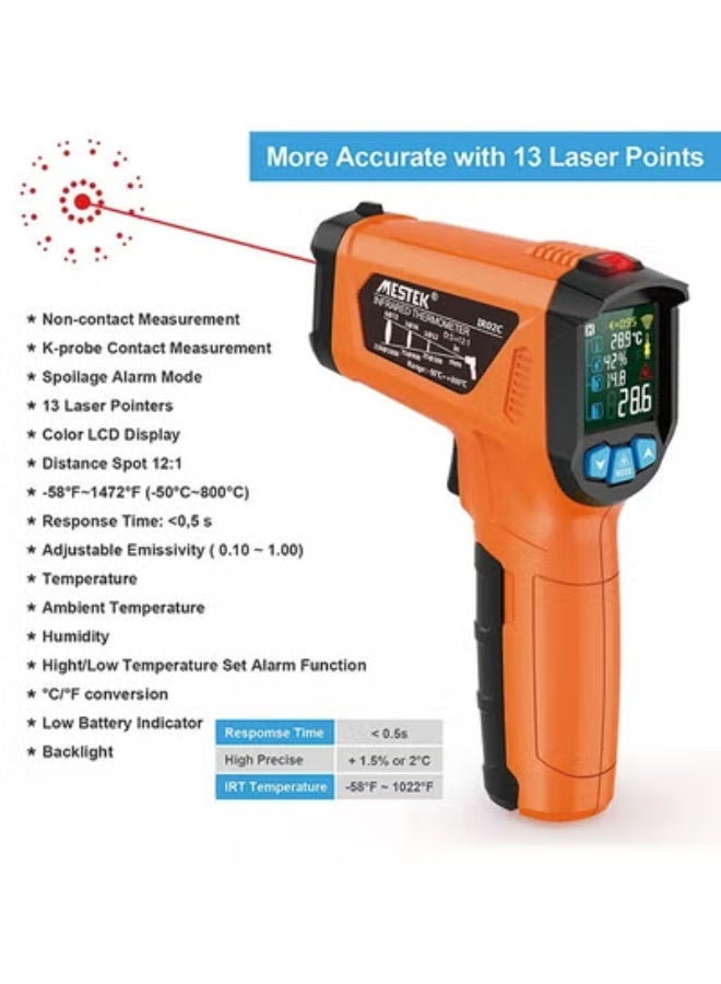 MESTEK Infrared Thermometer Gun, Non Contact Digital Laser Thermometer Temperature Gun with Color LCD for Cooking, Home Repairs, Humidity Measurement, Adjustable Emissivity -58°F to 1472°F(-50~800°C) - Image 3