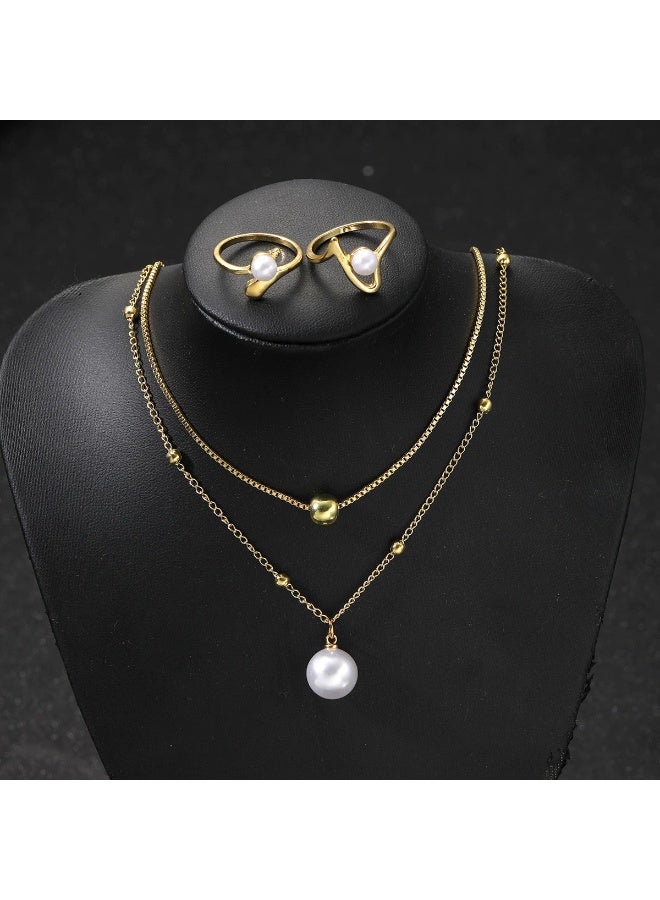 Goolsky طقم مجوهرات من 4 قطع من اللؤلؤ للنساء – مجموعة خاتم وقلادة بسيطة، مجوهرات أنيقة مطلية بالذهب - Image 3