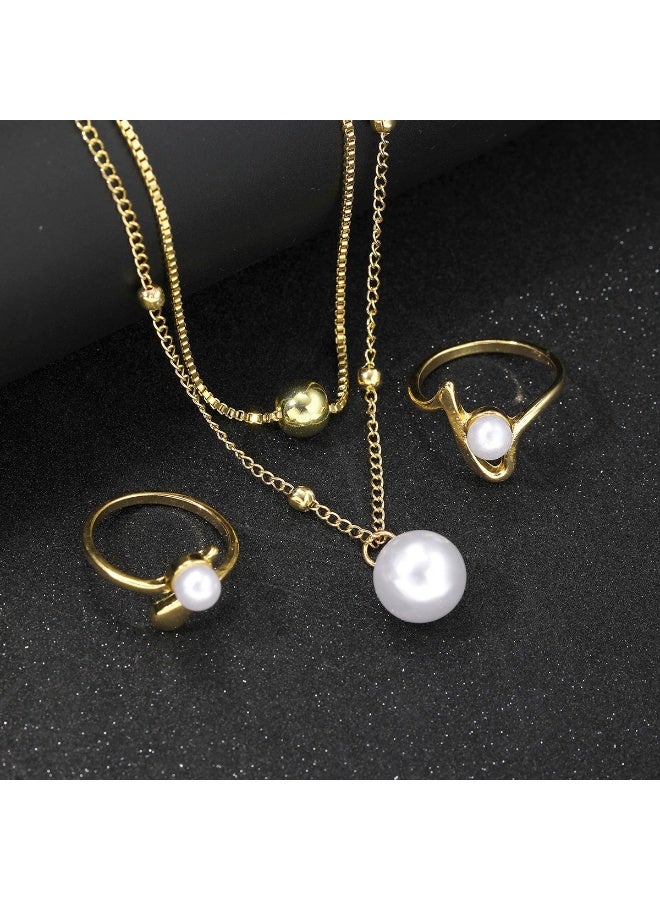 Goolsky طقم مجوهرات من 4 قطع من اللؤلؤ للنساء – مجموعة خاتم وقلادة بسيطة، مجوهرات أنيقة مطلية بالذهب - Image 2