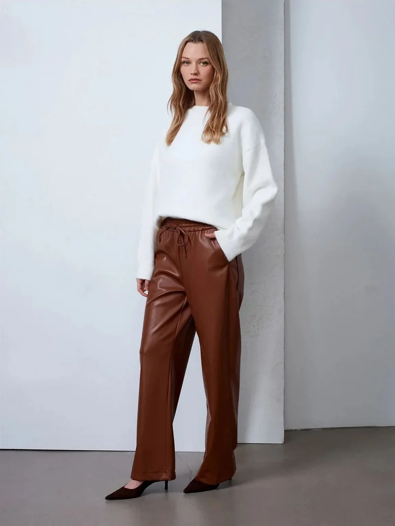 ديلفين Dilvin Women’s Wide-Leg Faux Leather Trousers