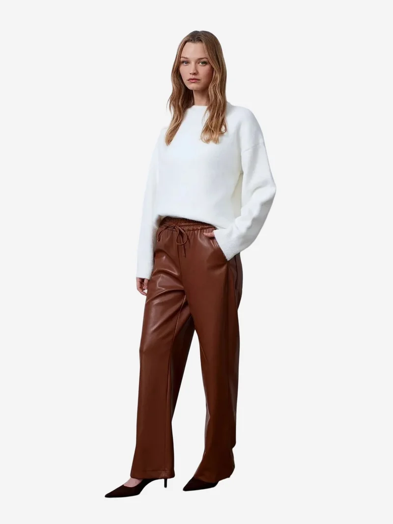ديلفين DILVIN Women’s Wide-Leg Faux Leather Trousers