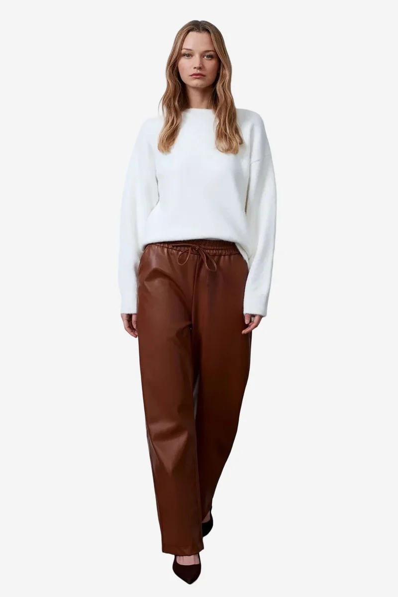 Dilvin Walnut Brown DILVIN Women’s Wide-Leg Faux Leather Trousers for Women | Best Price UAE