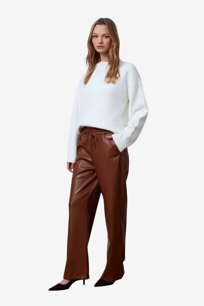 Dilvin Walnut Brown DILVIN Women’s Wide-Leg Faux Leather Trousers for Women | Best Price UAE